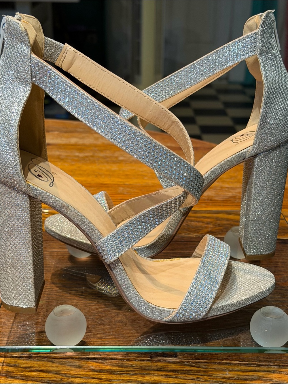 Silver Sparkle Rhinestone Strappy Block Heel Sandal, Sz 8.5